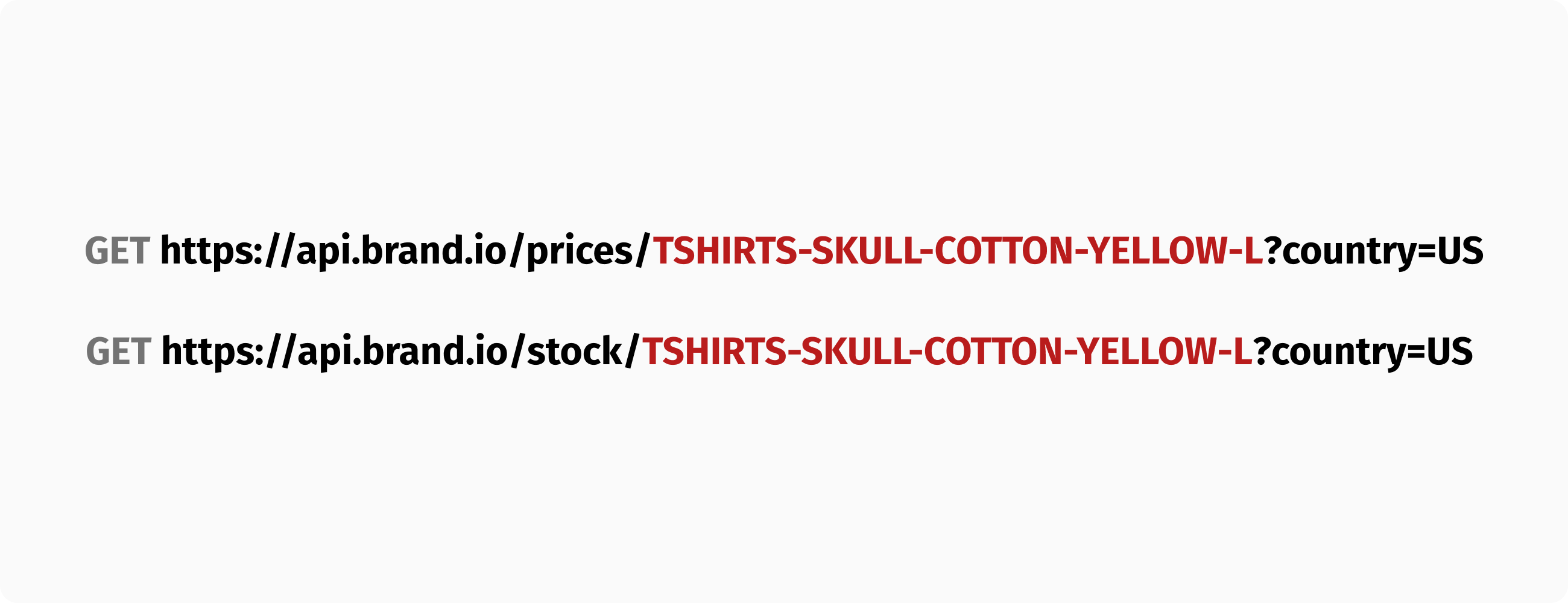 Prices and stock endpoints with SKU codes.